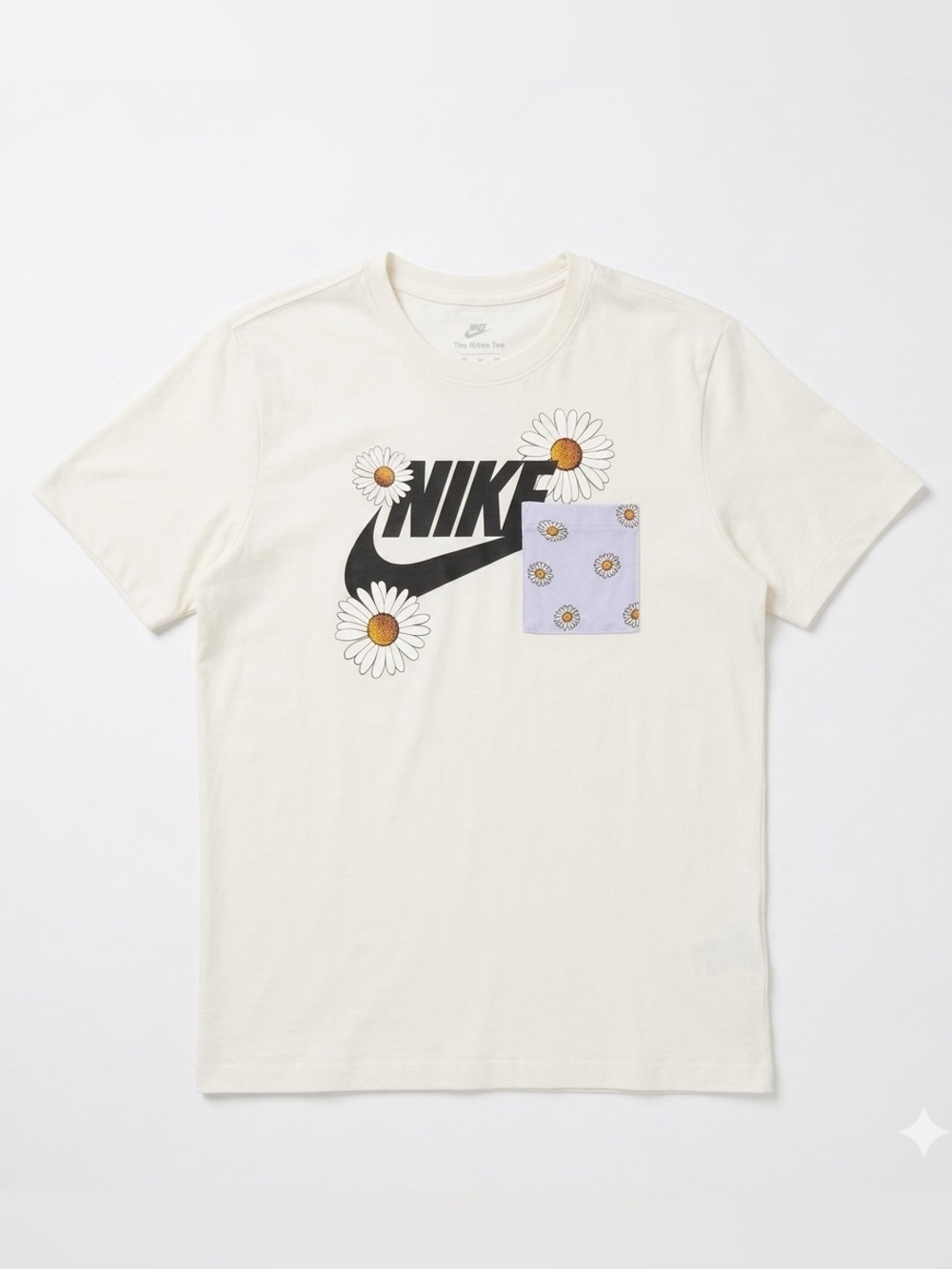 Nike Cream Short-Sleeve Tee with Black Logo & Lilac Daisy Pocket